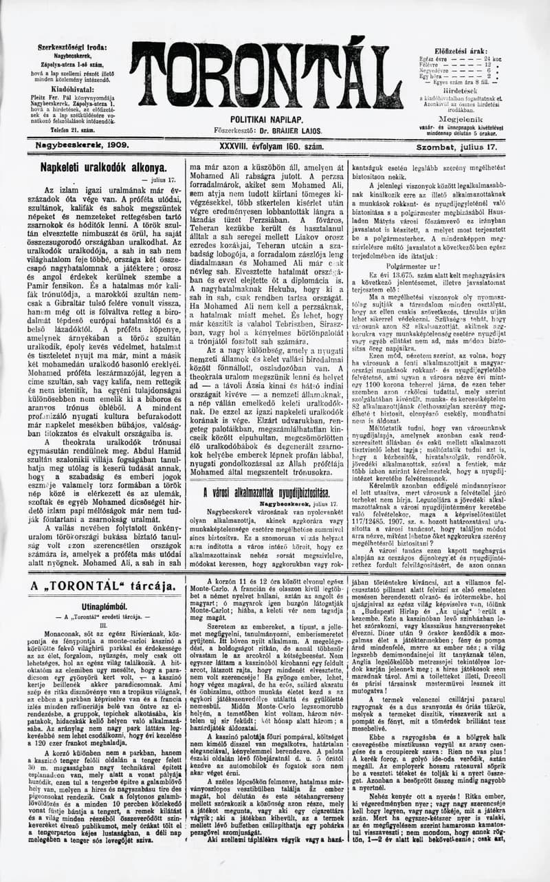 Torontál, 38. évf. 1909. július 17. 160. sz.