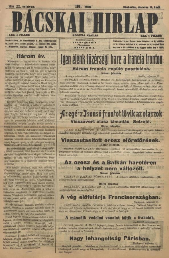Bácskai Hirlap, 20. évf. 1916. március 14. 119. sz.