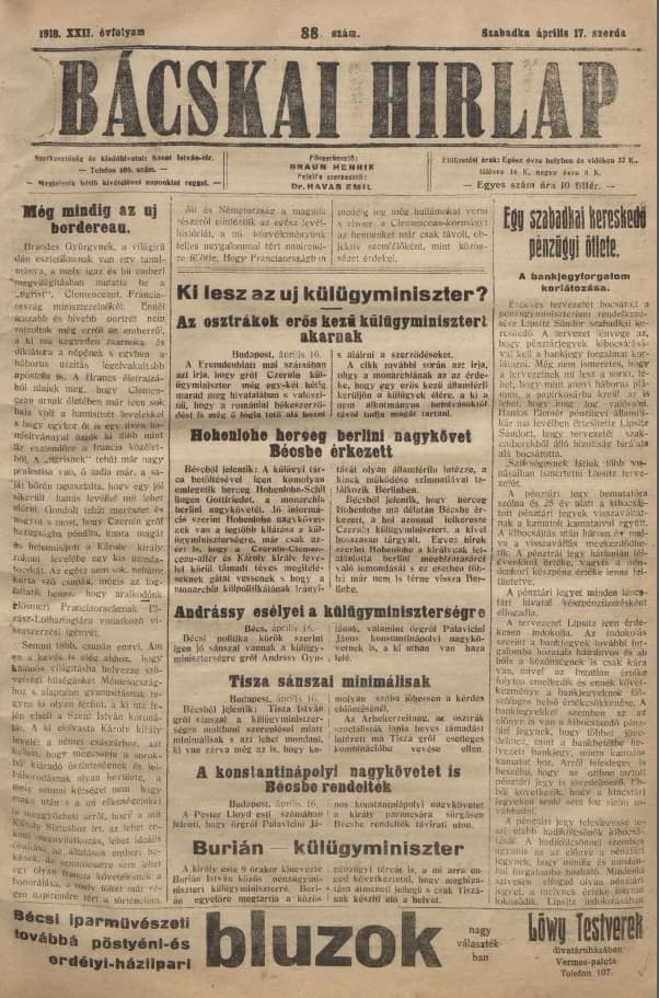 Bácskai Hirlap, 22. évf. 1918. április 17. 88. sz.