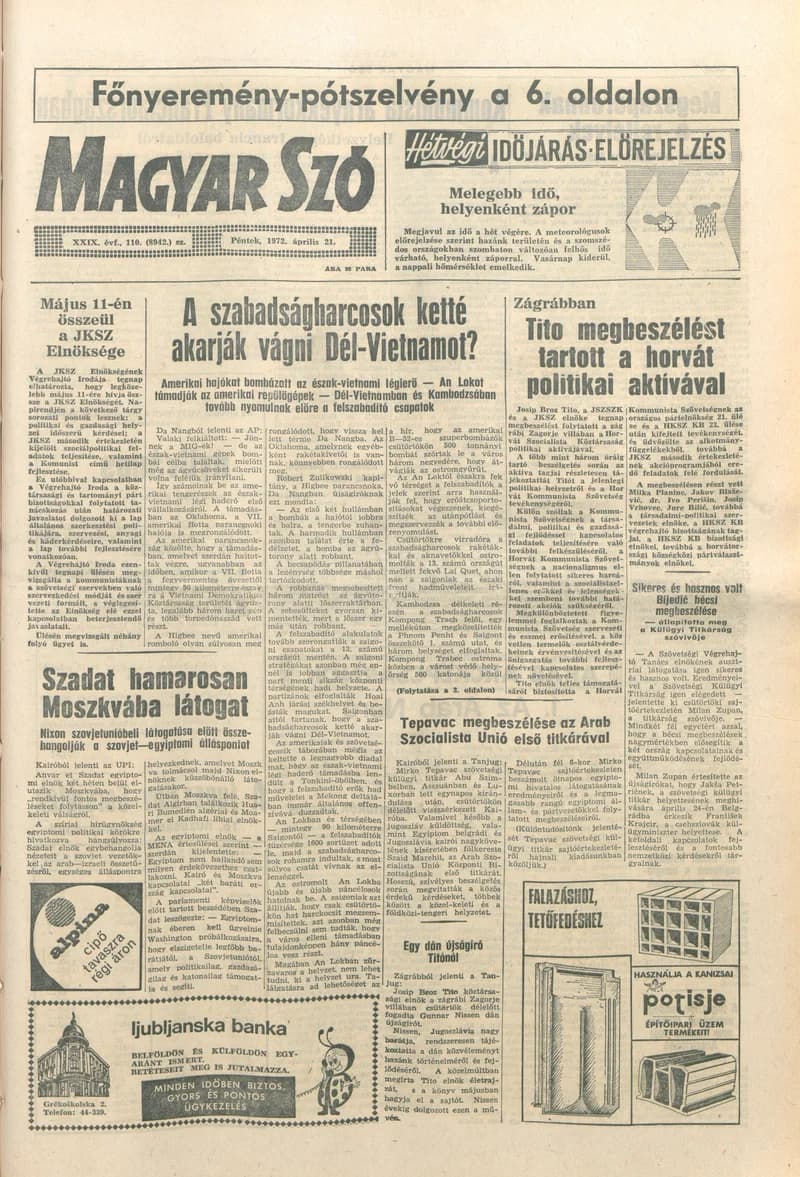 Magyar Szó, 29. évf. 1972. április 21. 110. sz. 1–12. oldal