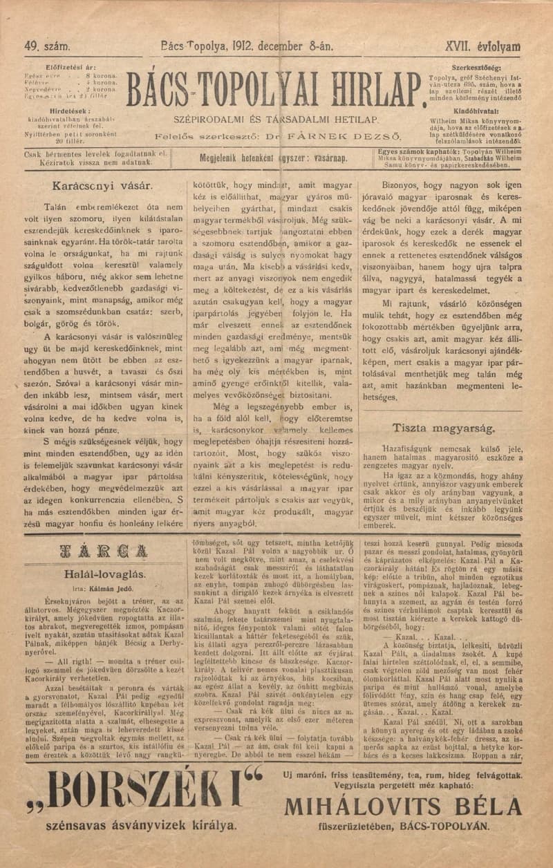 Bács-Topolyai Hirlap, 17. évf. 1912. december 8. 49. sz.