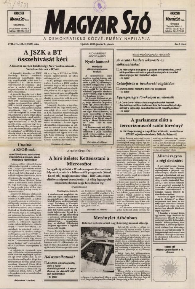 Magyar Szó, 57. évf. 2000. június 9. 134. sz. 1–16. oldal