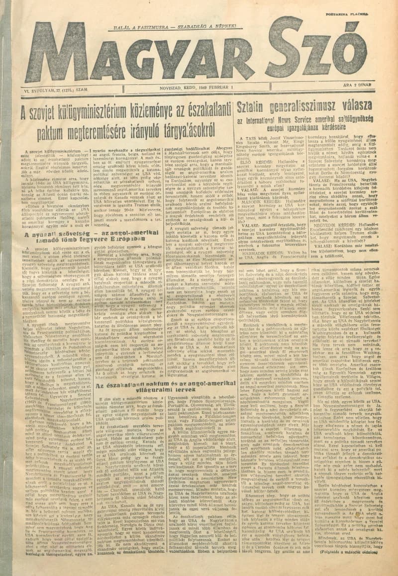Magyar Szó, 6. évf. 1949. február 1. 27. sz. 1–4. oldal