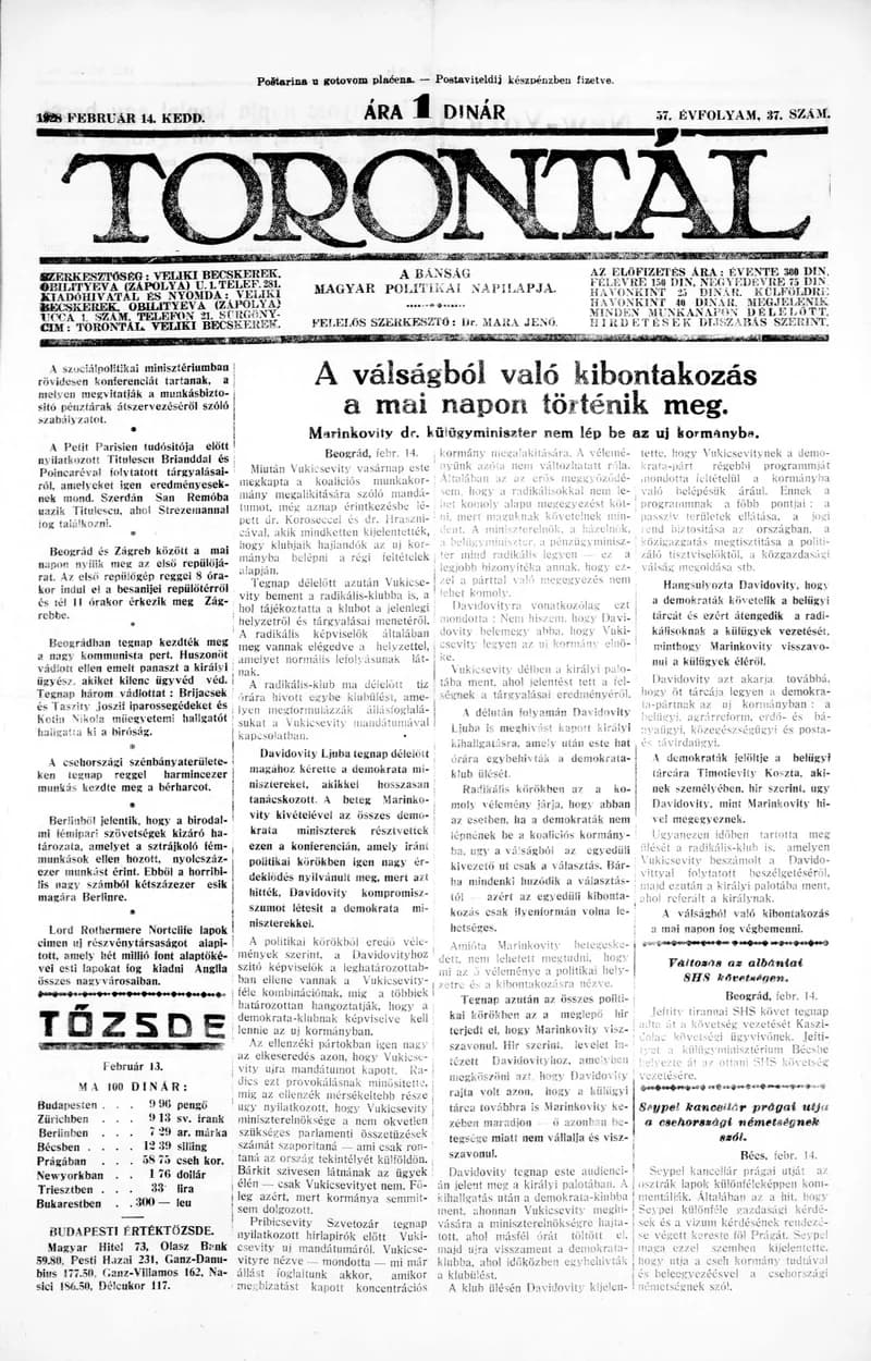 Torontál, 57. évf. 1928. február 14. 37. sz.