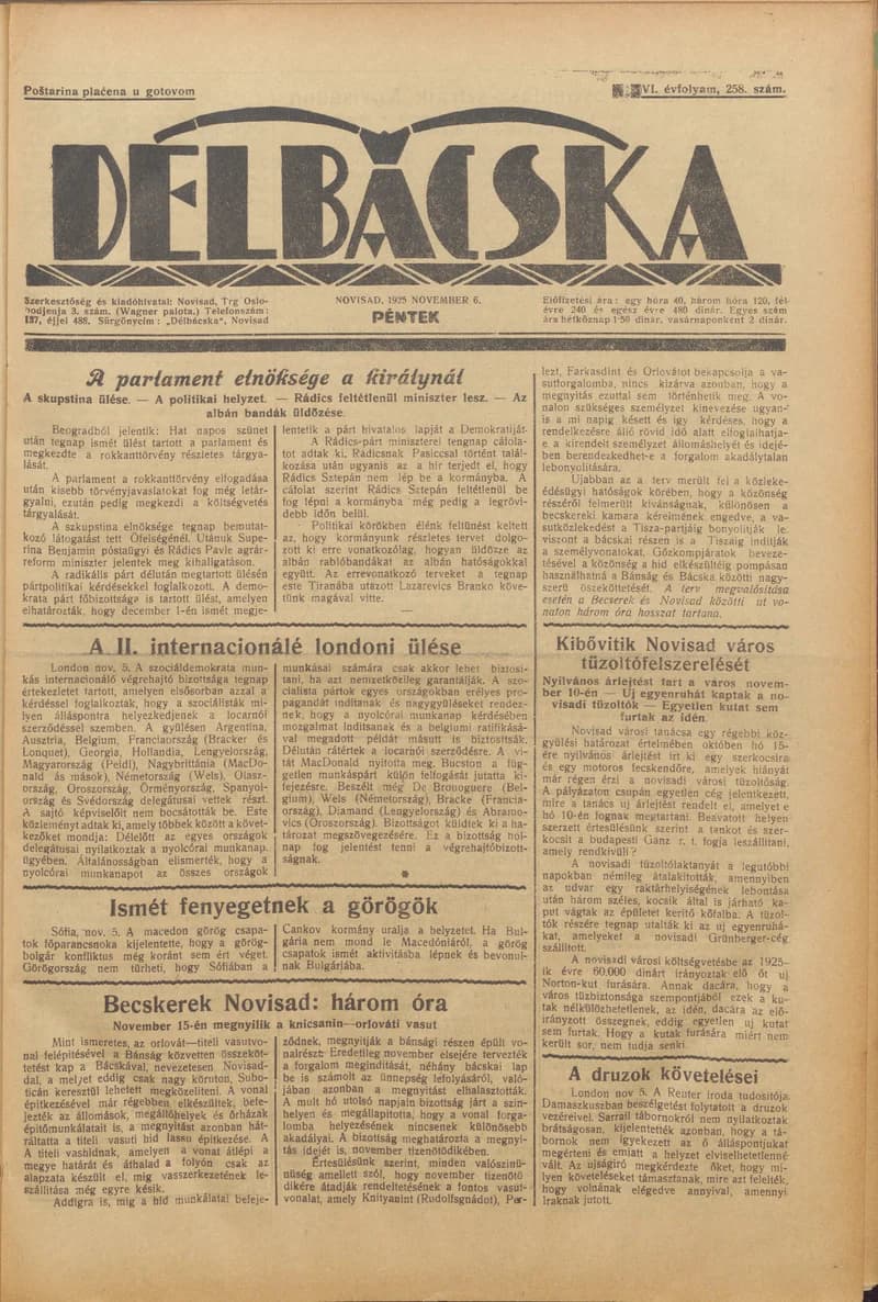 Délbácska, 6. évf. 1925. november 6. 258. sz.