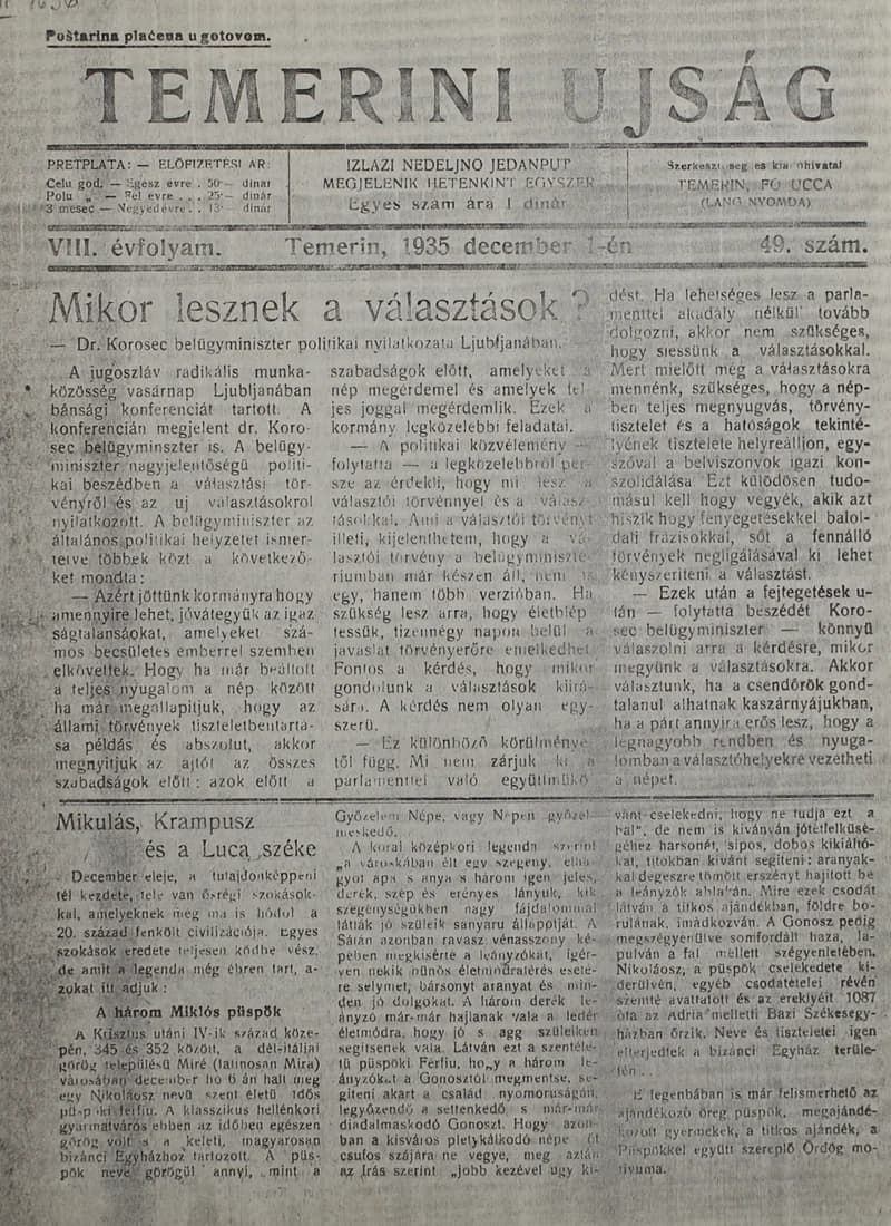 Temerini Újság 1928-1944, 8. évf. 1935. december 1. 49. sz.