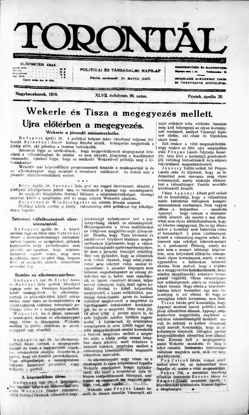 Torontál, 47. évf. 1918. április 26. 96. sz.