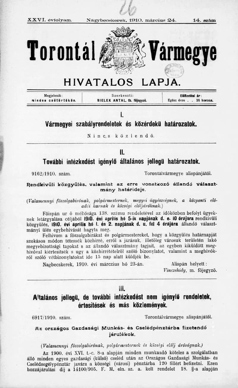 Torontál Vármegye Hivatalos Lapja, 26. évf. 1910. március 24. 14. sz.