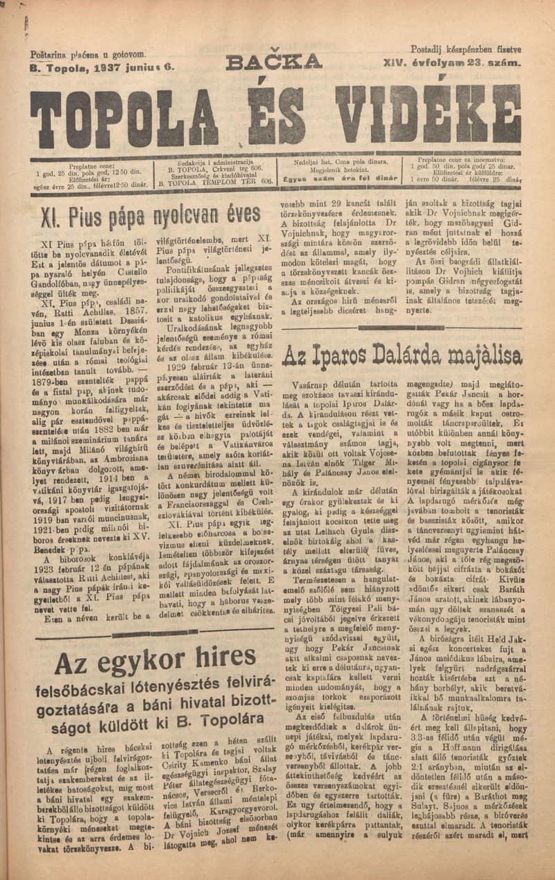 Bačka Topola és Vidéke, 14. évf. 1937. június 6. 23. sz.