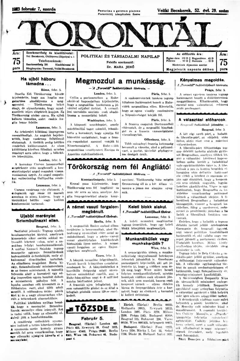 Torontál, 52. évf. 1923. február 7. 29. sz.