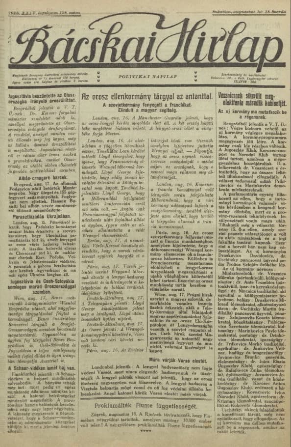 Bácskai Hirlap, 24. évf. 1920. augusztus 18. 128. sz.