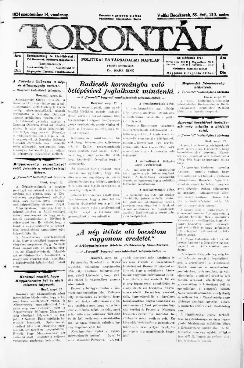 Torontál, 53. évf. 1924. szeptember 14. 210. sz.