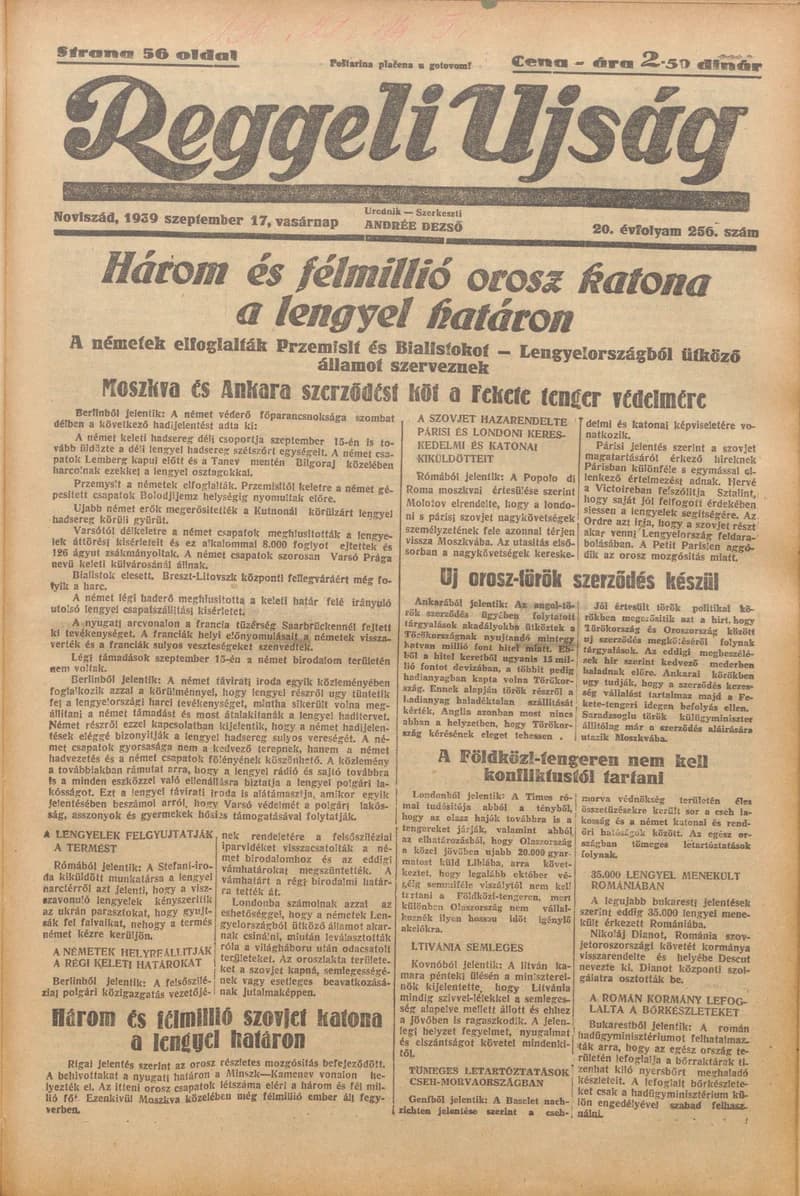 Reggeli Újság, 20. évf. 1939. szeptember 17. 256. sz.