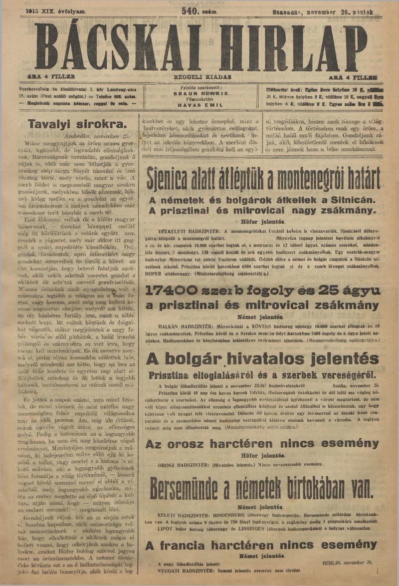 Bácskai Hirlap, 19. évf. 1915. november 26. 540. sz.