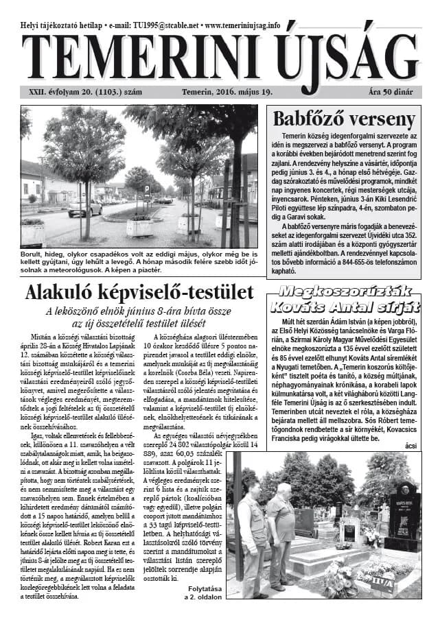 Temerini Újság, 22. évf. 2016. május 19. 20. sz.