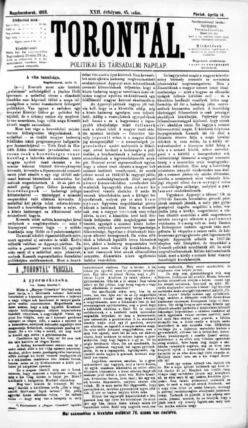 Torontál, 22. évf. 1893. április 14. 85. sz.