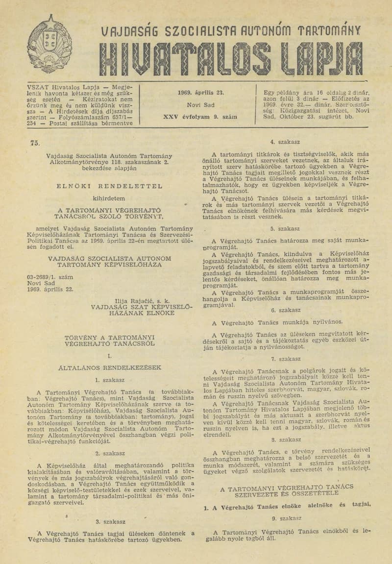Vajdaság Szocialista Autonóm Tartomány Hivatalos Lapja, 25. évf. 1969. április 23. 9. sz. 177–212. oldal