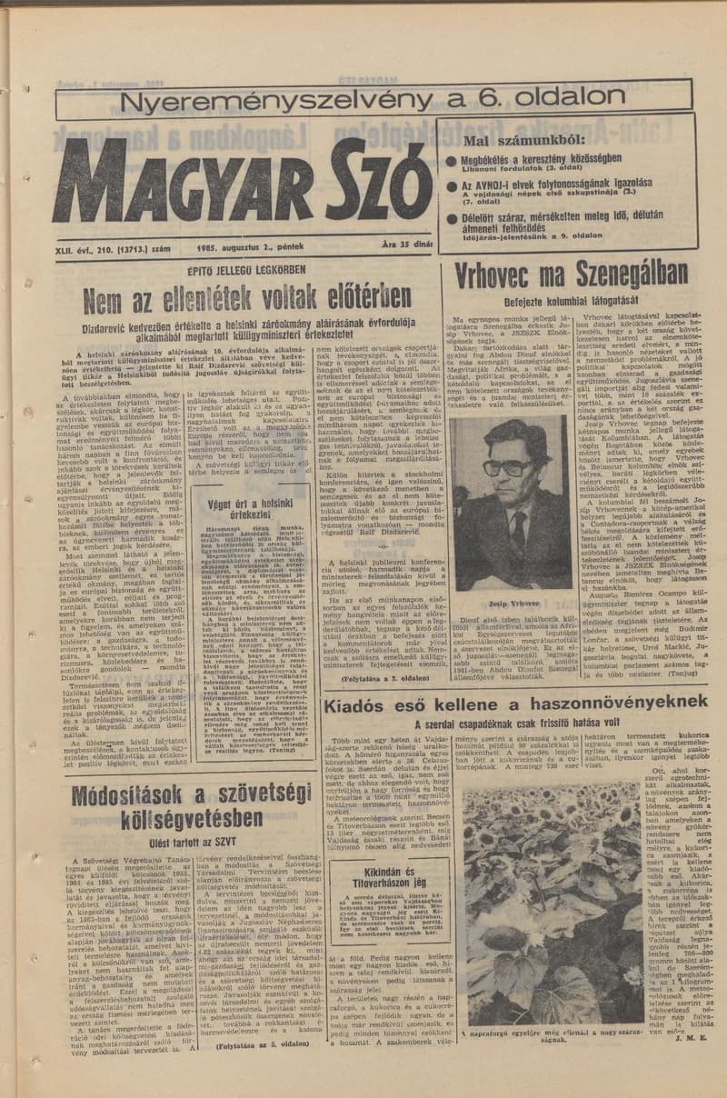 Magyar Szó, 42. évf. 1985. augusztus 2. 210. sz. 1–20. oldal
