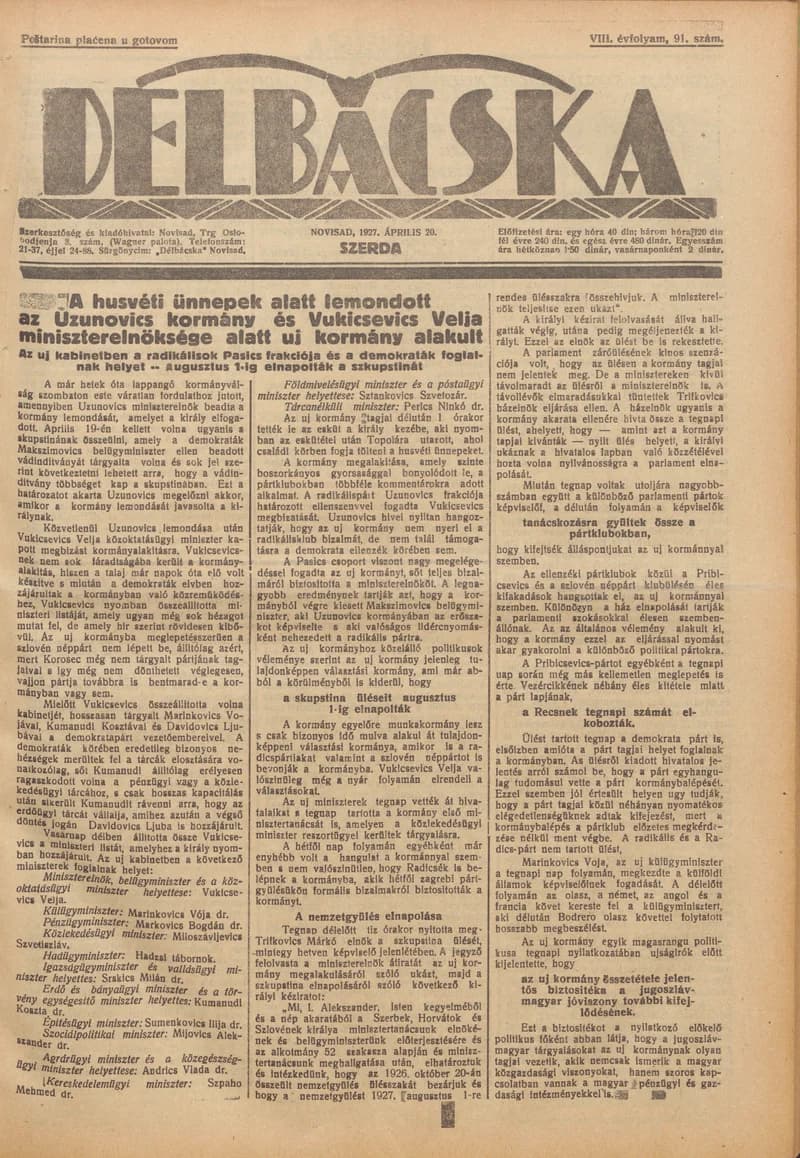 Délbácska, 8. évf. 1927. április 20. 91. sz.