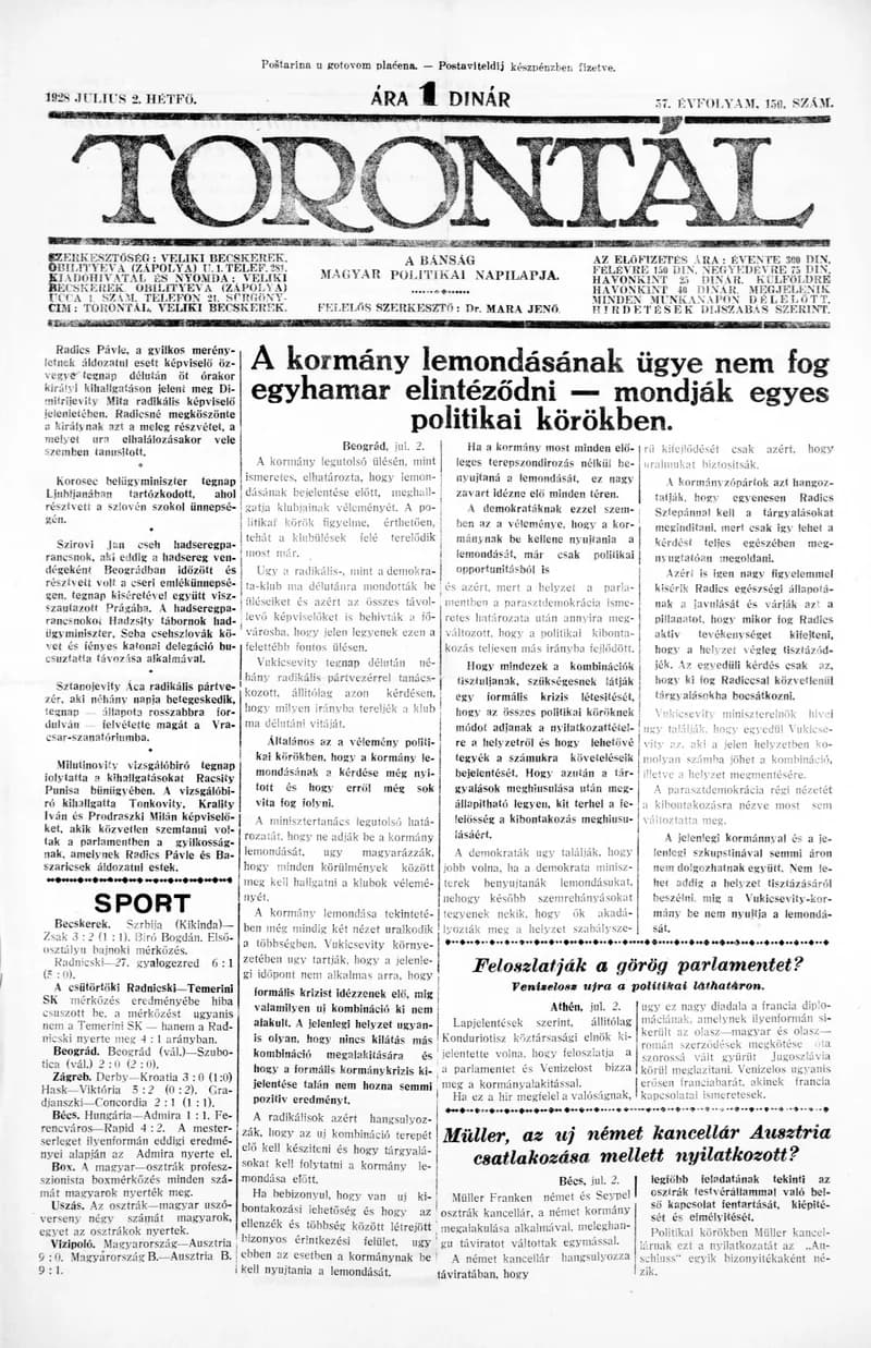 Torontál, 57. évf. 1928. július 2. 150. sz.