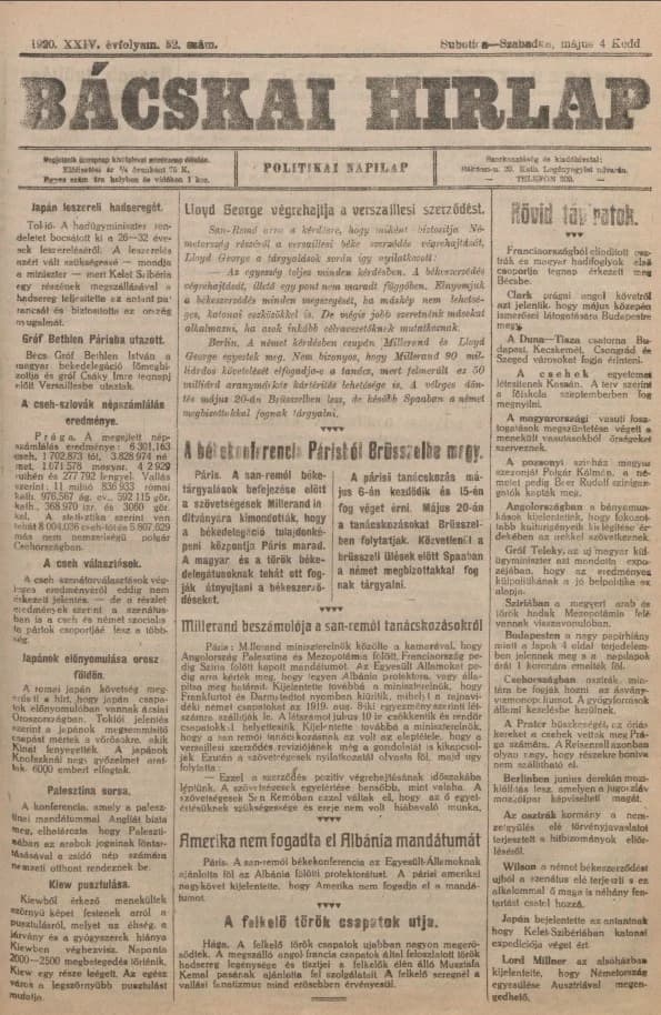 Bácskai Hirlap, 24. évf. 1920. május 4. 52. sz.
