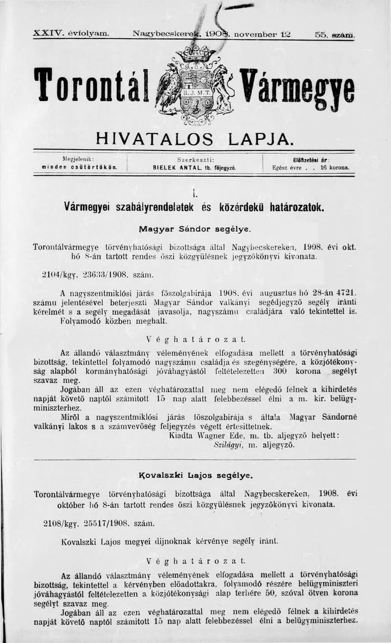 Torontál Vármegye Hivatalos Lapja, 24. évf. 1908. november 12. 55. sz.