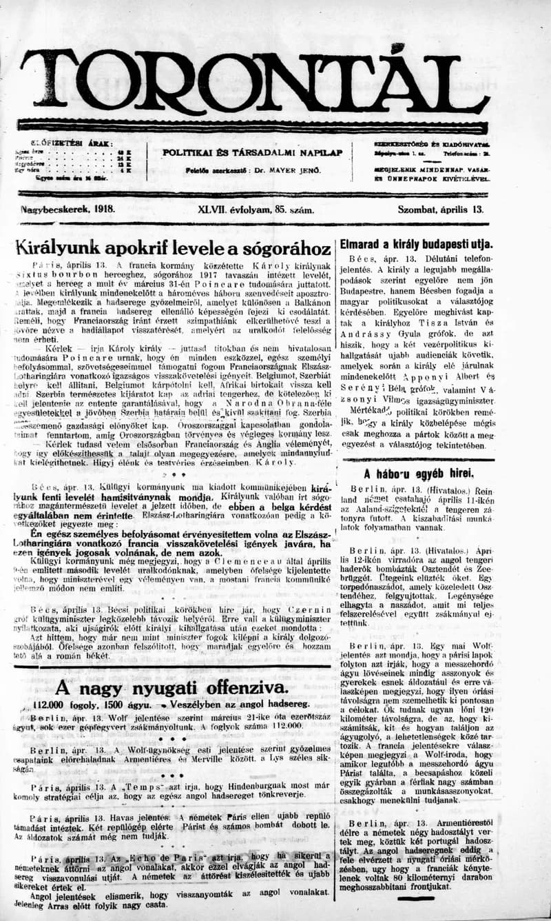 Torontál, 47. évf. 1918. április 13. 85. sz.