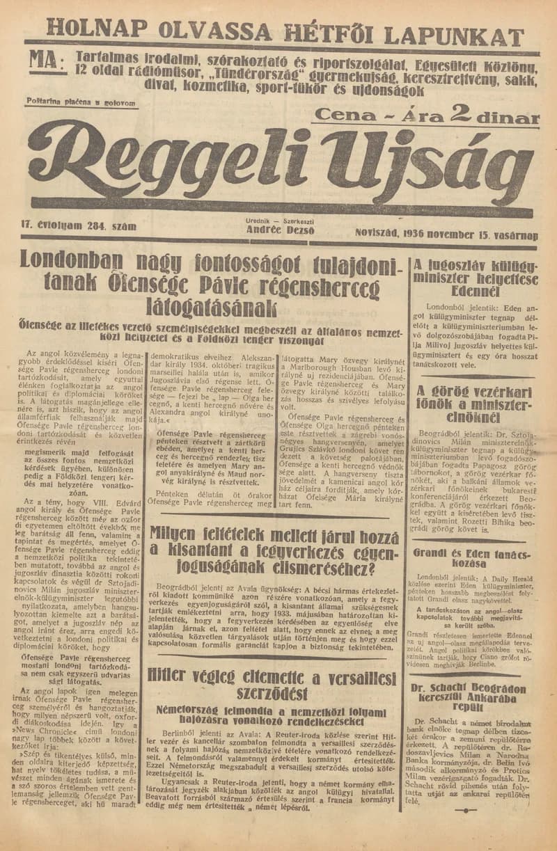 Reggeli Újság, 17. évf. 1936. november 15. 284. sz.