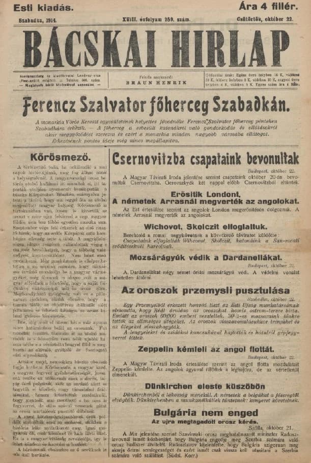 Bácskai Hirlap, 18. évf. 1914. október 22. 259. sz.