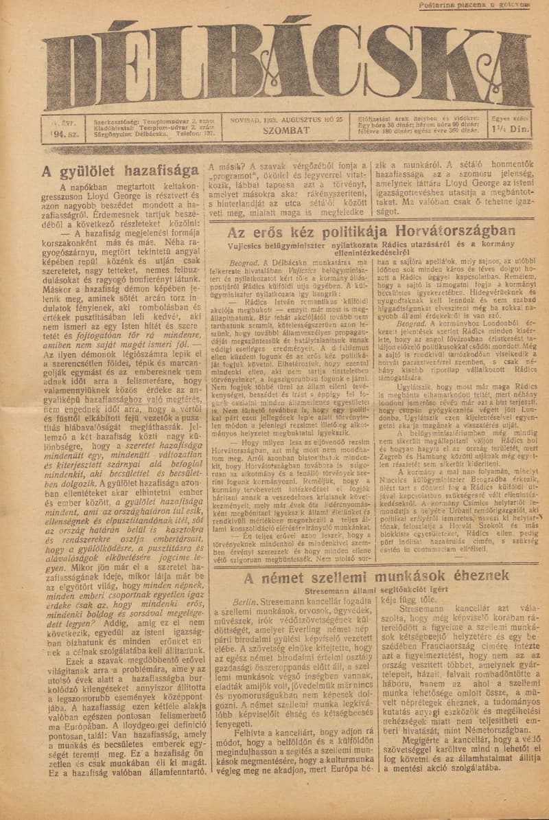Délbácska, 4. évf. 1923. augusztus 25. 194. sz.