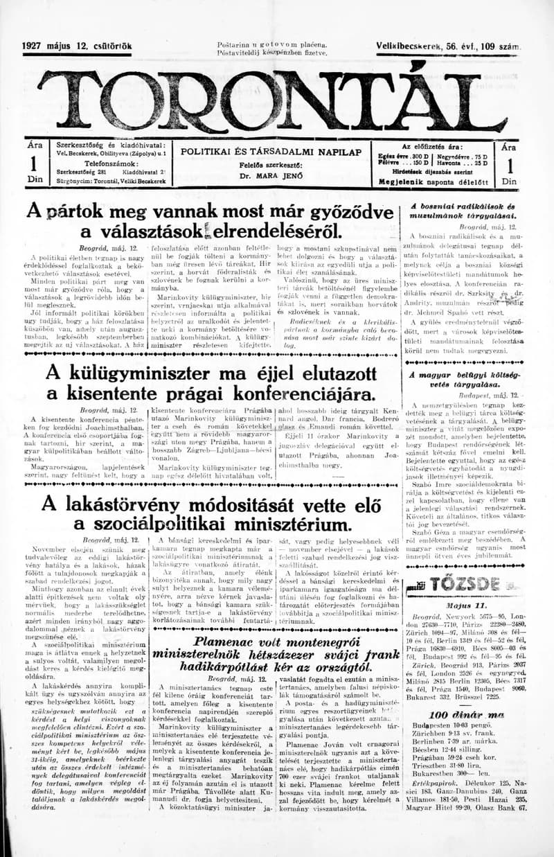 Torontál, 56. évf. 1927. május 12. 109. sz.