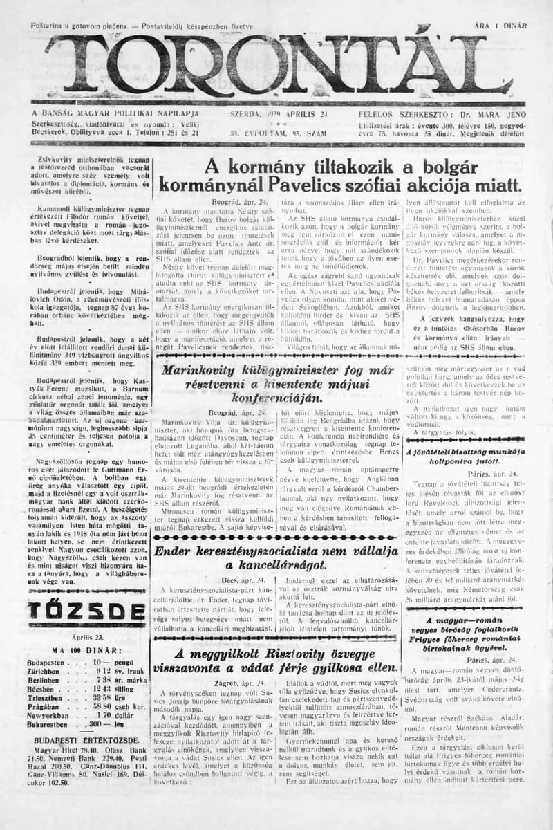 Torontál, 58. évf. 1929. április 24. 95. sz.