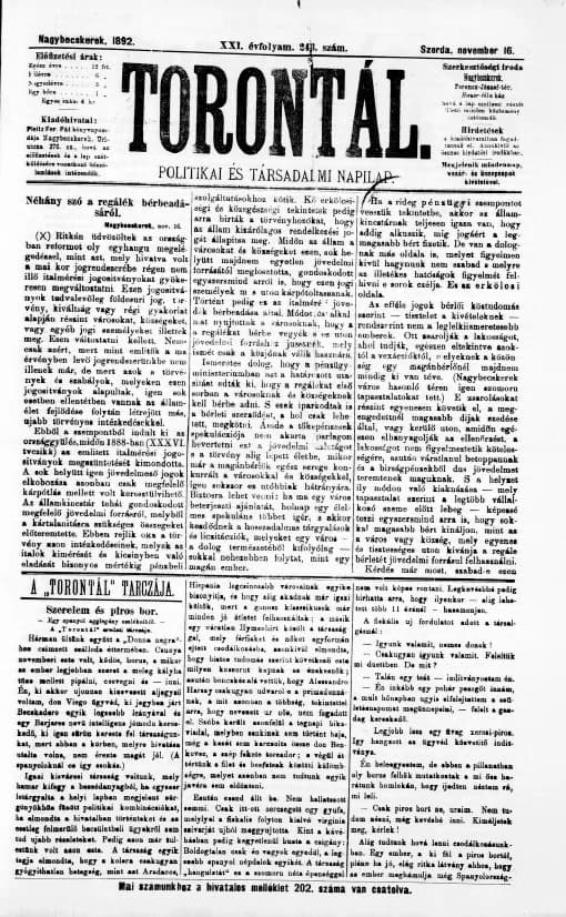 Torontál, 21. évf. 1892. november 16. 243. sz.