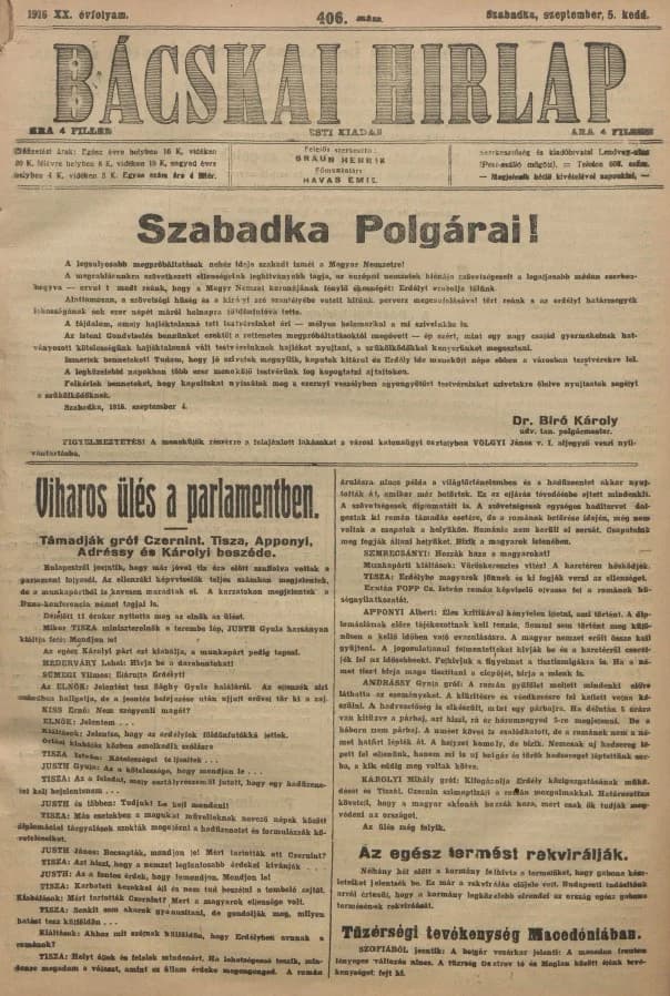 Bácskai Hirlap, 20. évf. 1916. szeptember 5. 406. sz.