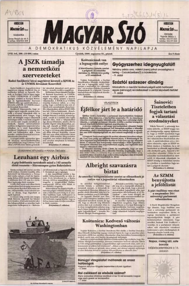 Magyar Szó, 57. évf. 2000. augusztus 25. 200. sz. 1–16. oldal