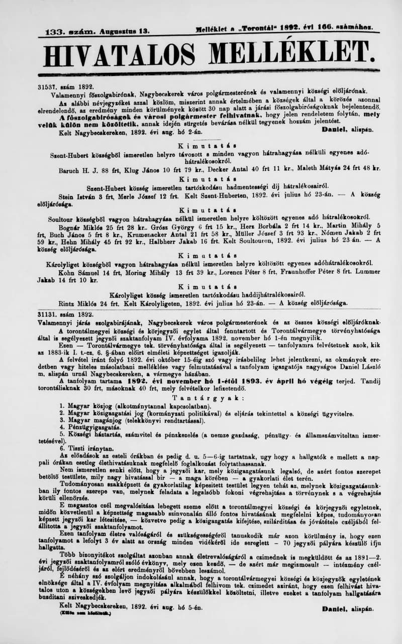A Totontál  hivatalos melléklete, 5. évf. 1892. augusztus 13. 133. sz.