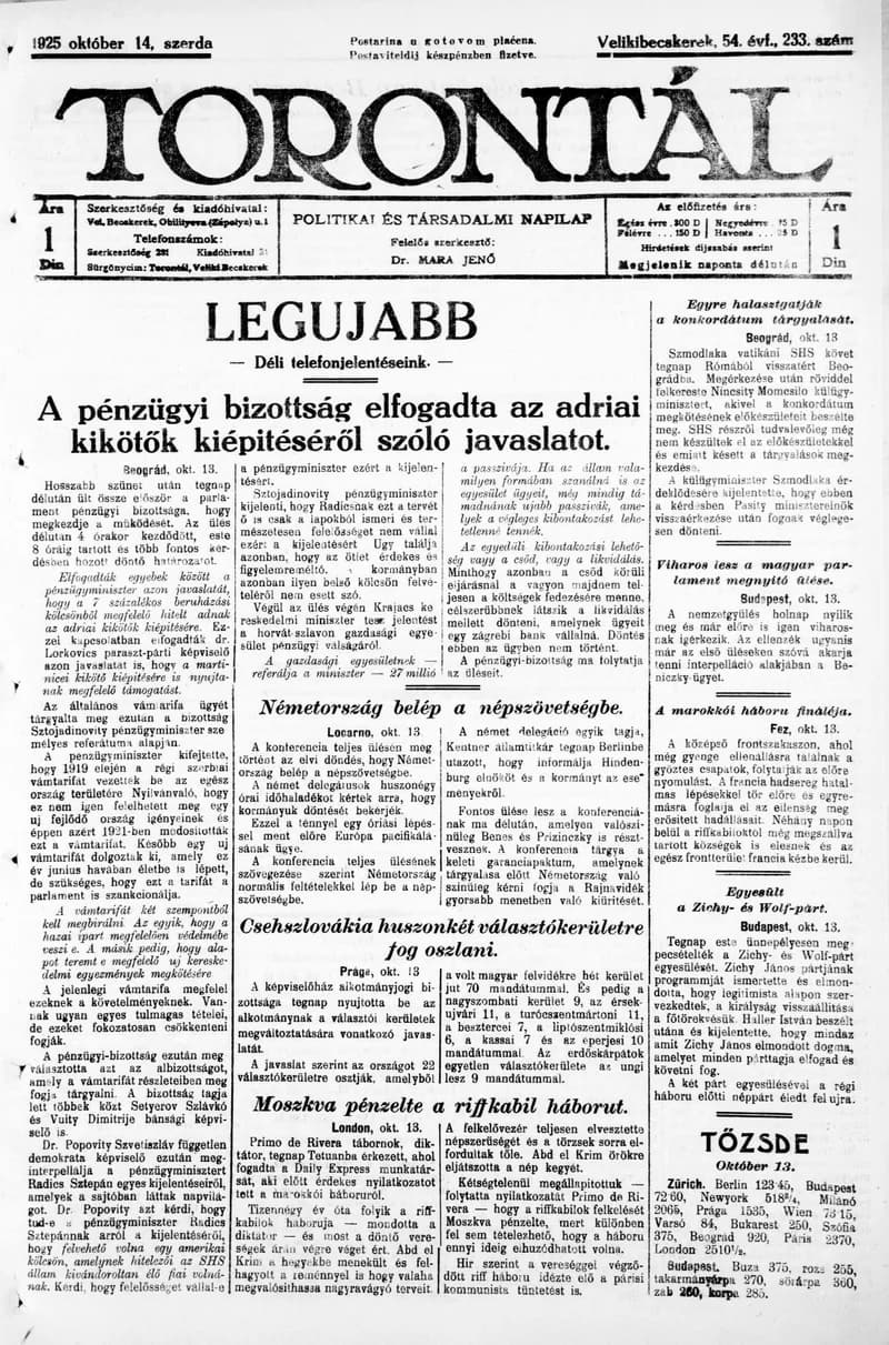 Torontál, 54. évf. 1925. október 14. 233. sz.