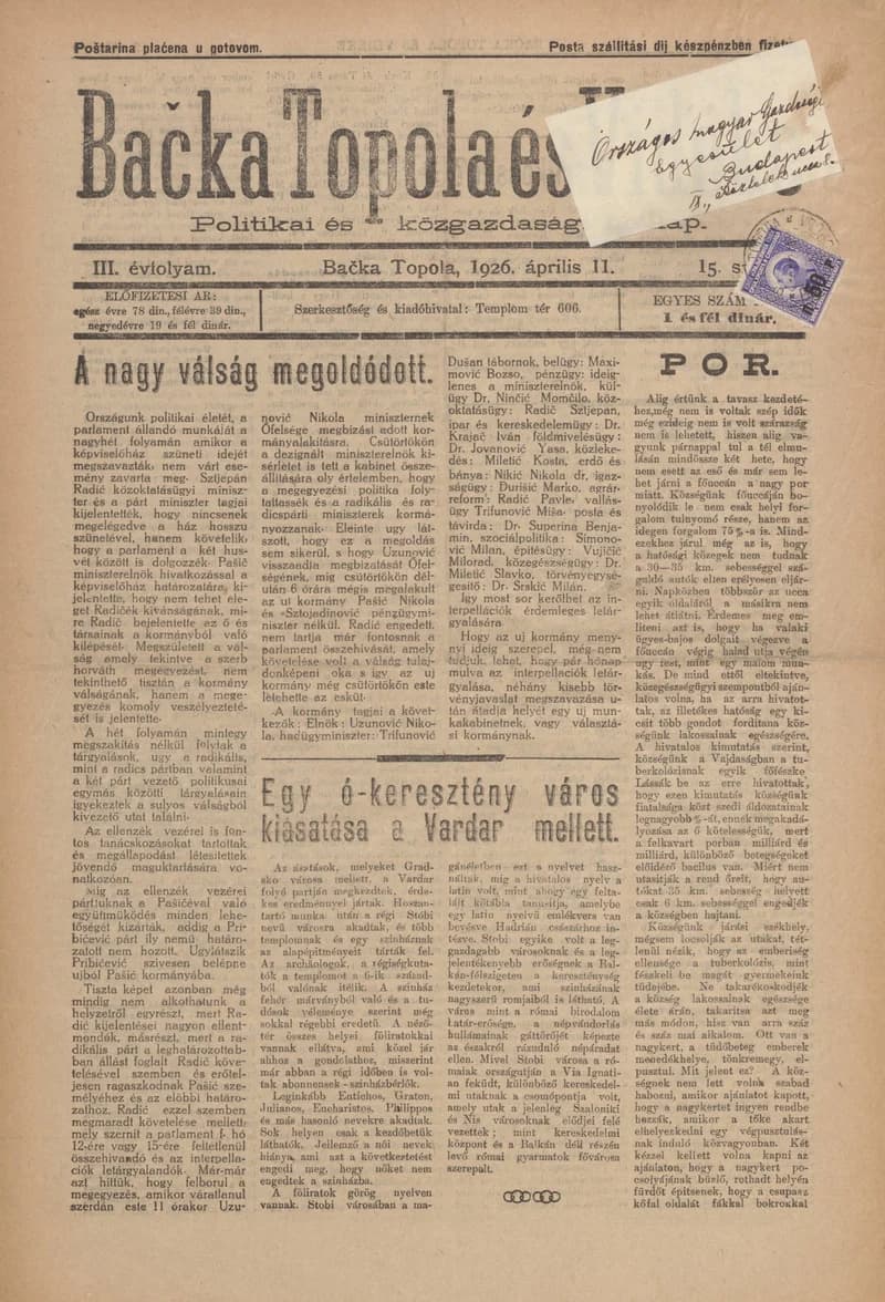 Bačka Topola és Vidéke, 3. évf. 1926. április 11. 15. sz.