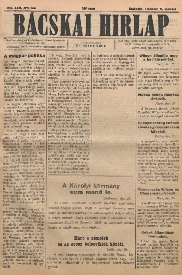 Bácskai Hirlap, 22. évf. 1918. december 21. 286. sz.