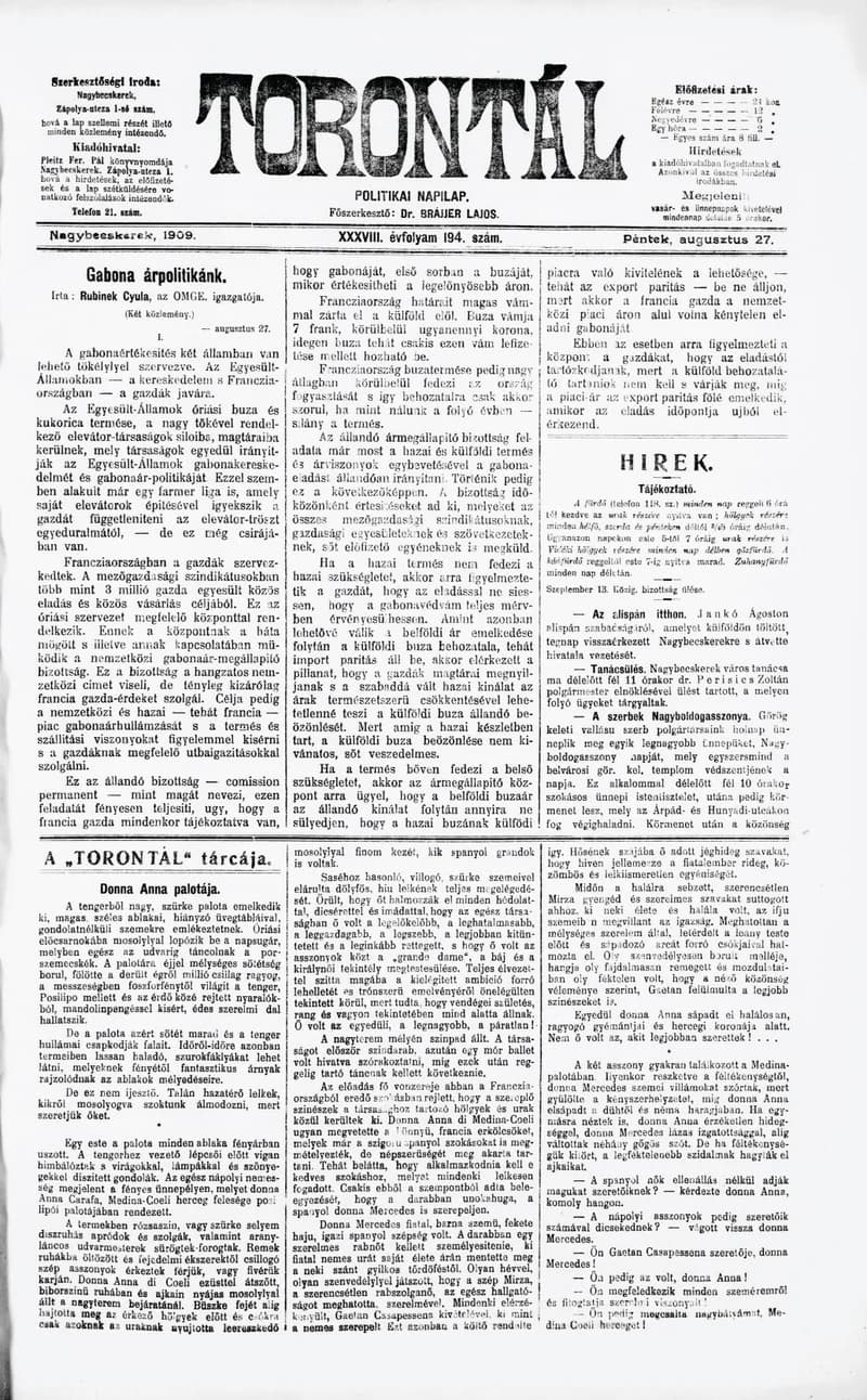 Torontál, 38. évf. 1909. augusztus 27. 194. sz.