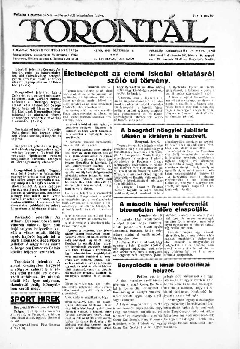 Torontál, 58. évf. 1929. december 10. 284. sz.