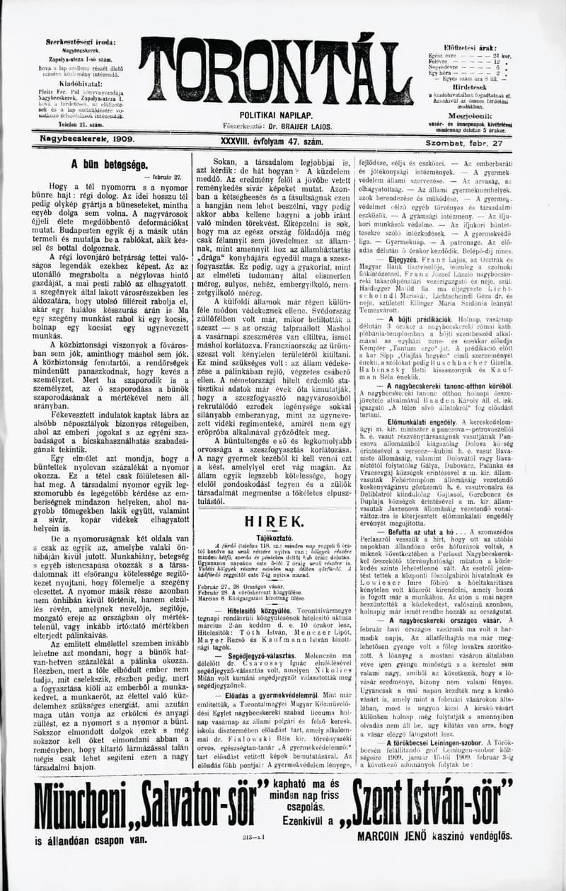 Torontál, 38. évf. 1909. február 27. 47. sz.