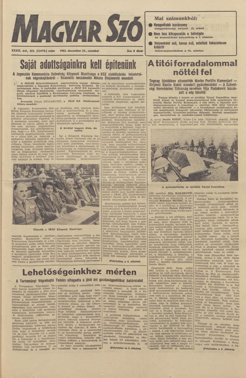 Magyar Szó, 39. évf. 1982. december 25. 353. sz. 1–24. oldal