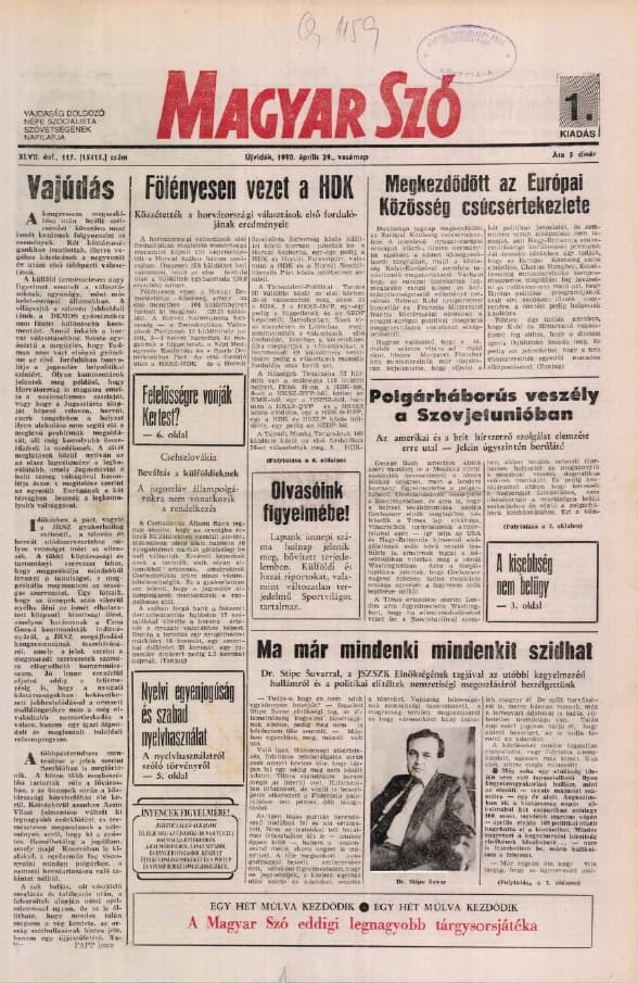 Magyar Szó, 47. évf. 1990. április 29. 117. sz. 1–32. oldal