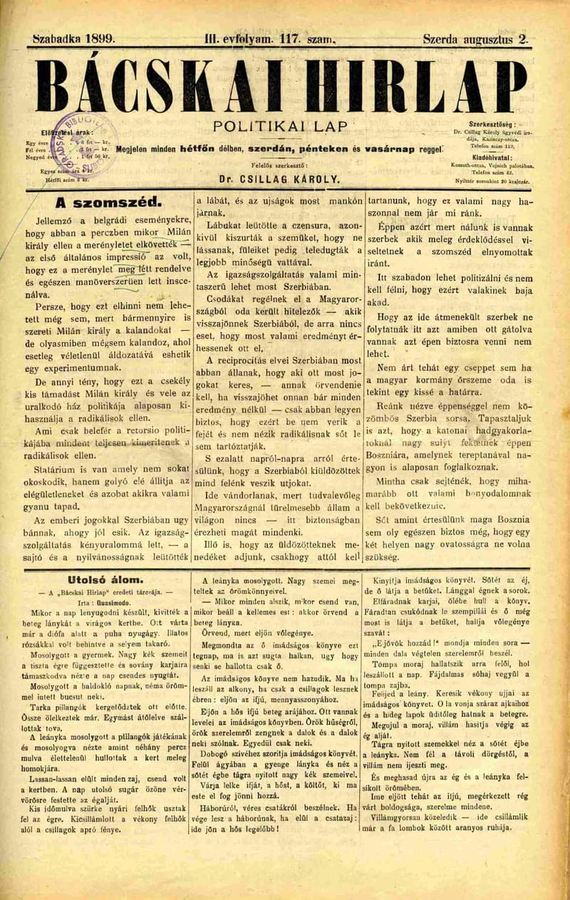Bácskai Hirlap, 3. évf. 1899. augusztus 2. 117. sz.