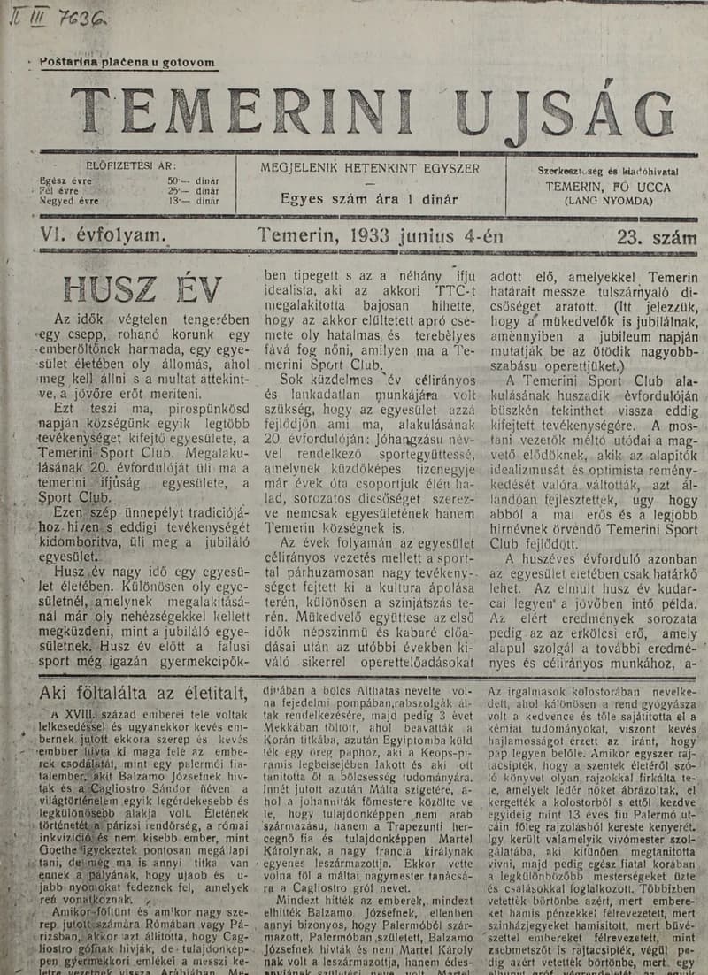 Temerini Újság 1928-1944, 6. évf. 1933. június 4. 23. sz.