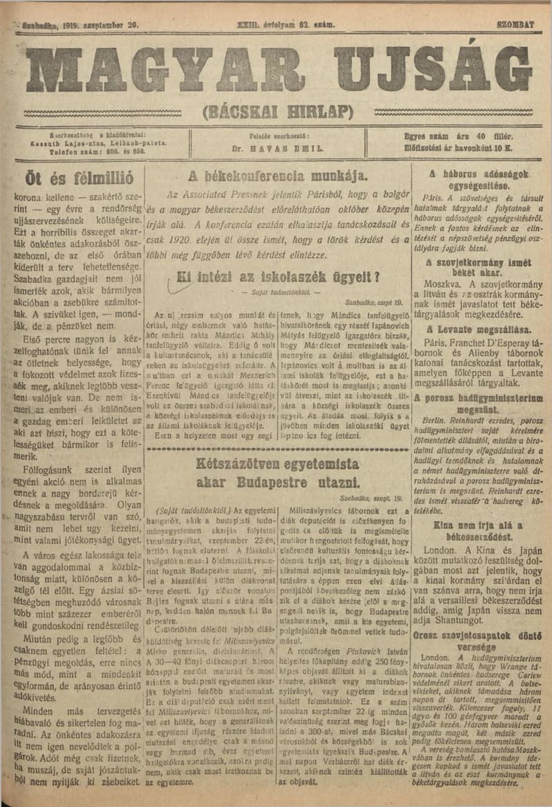 Bácskai Hirlap, 23. évf. 1919. szeptember 20. 82. sz.
