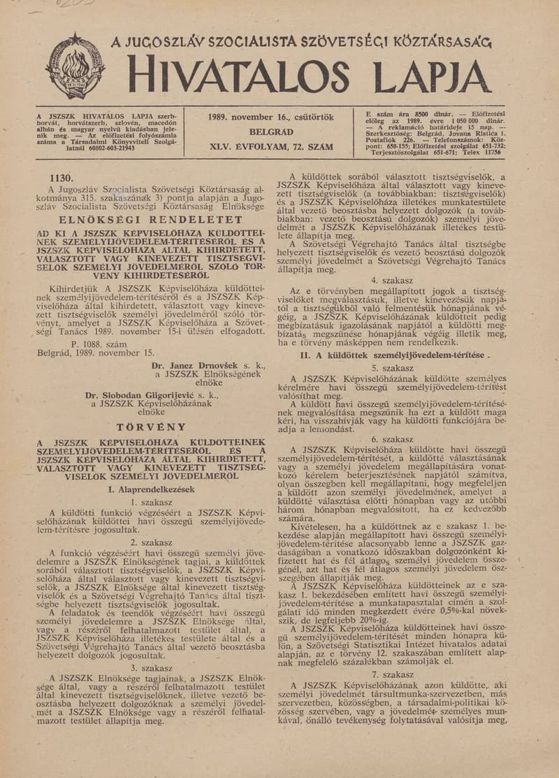 A Jugoszláv Szocialista Szövetségi Köztársaság Hivatalos Lapja, 45. évf. 1989. november 16. 72. sz. 1757–1760. oldal