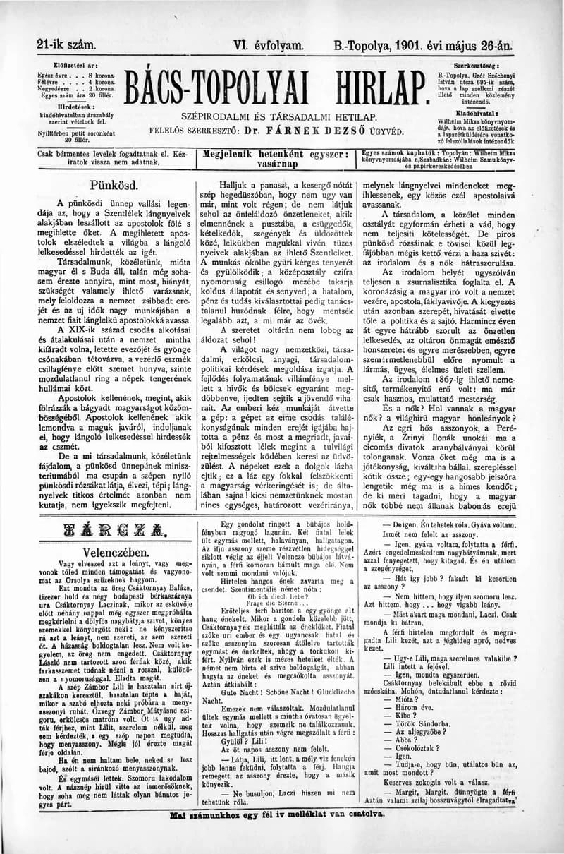 Bács-Topolyai Hirlap, 6. évf. 1901. május 26. 21. sz.