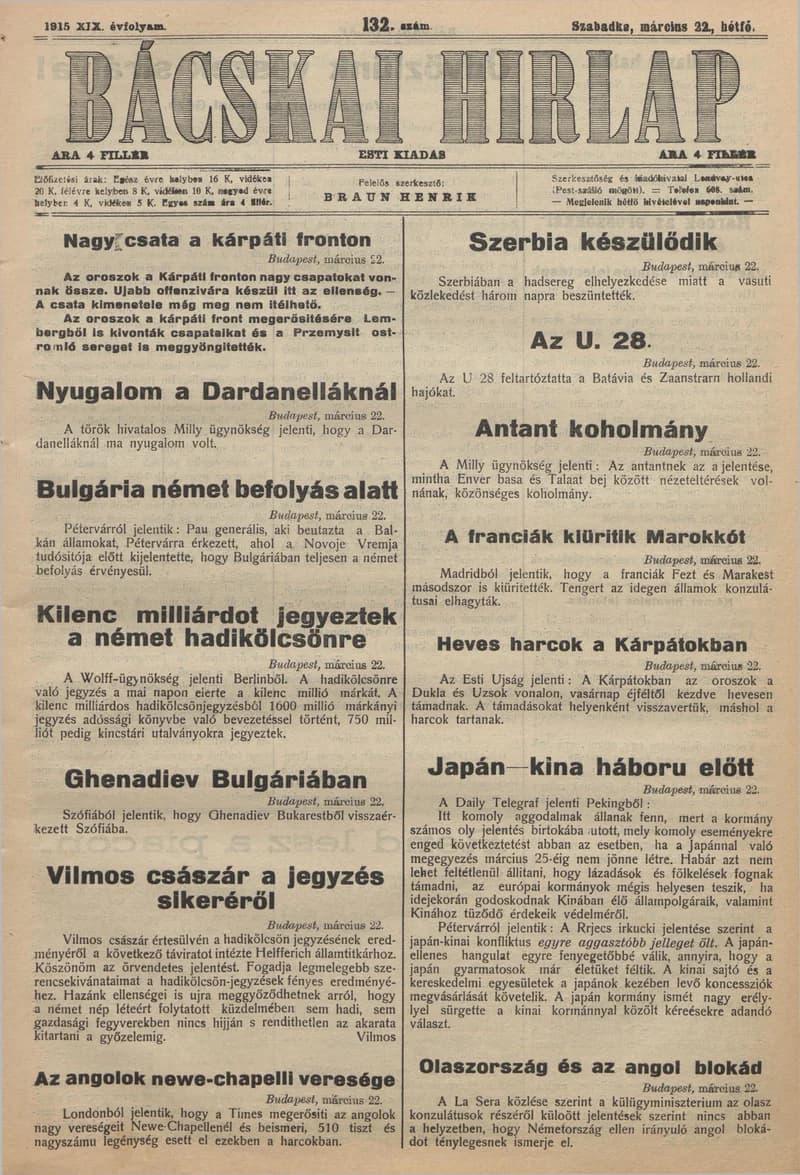 Bácskai Hirlap, 19. évf. 1915. március 22. 132. sz.